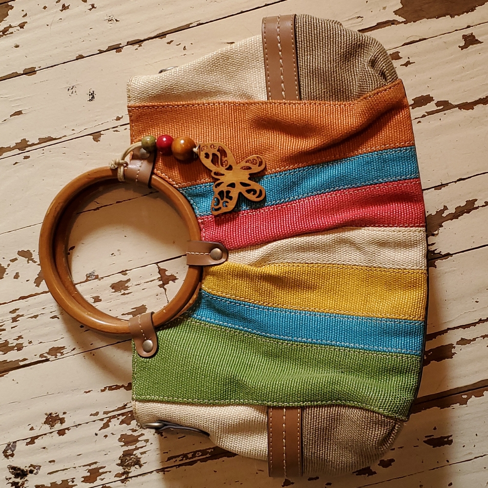 Relic boho style handbag multi color wood handle